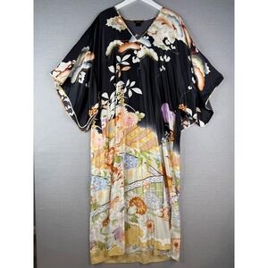 Natori Caftan Dress Womens XL Black Floral Kimono Sleeve V-Neck Satin Loungewear